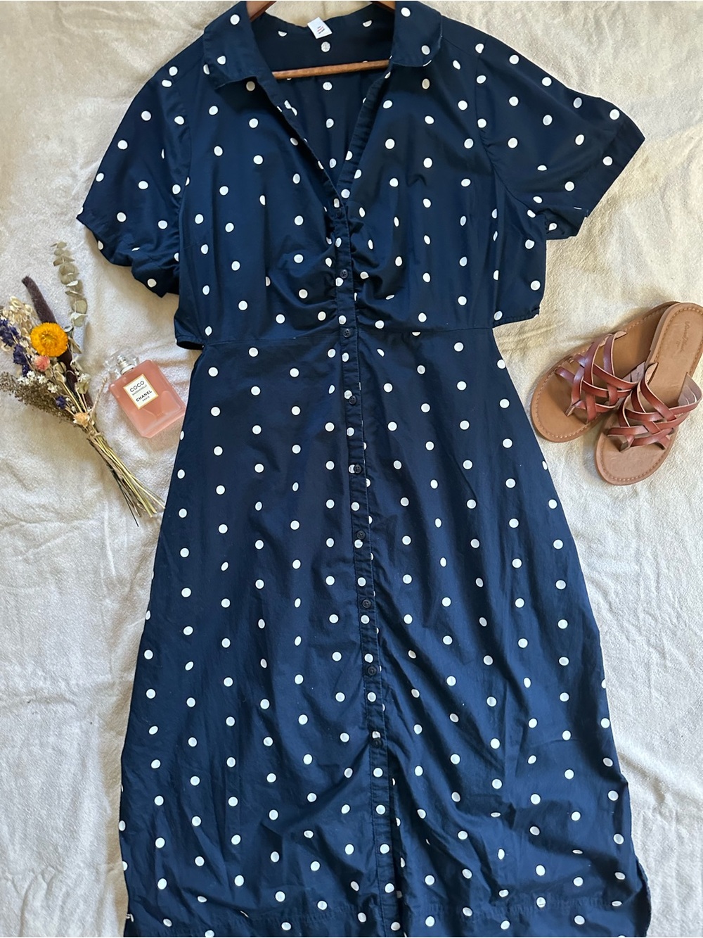 Navy Blue & White Polka Dot Button-Down Midi Dark Cottagecore Coastal Dress